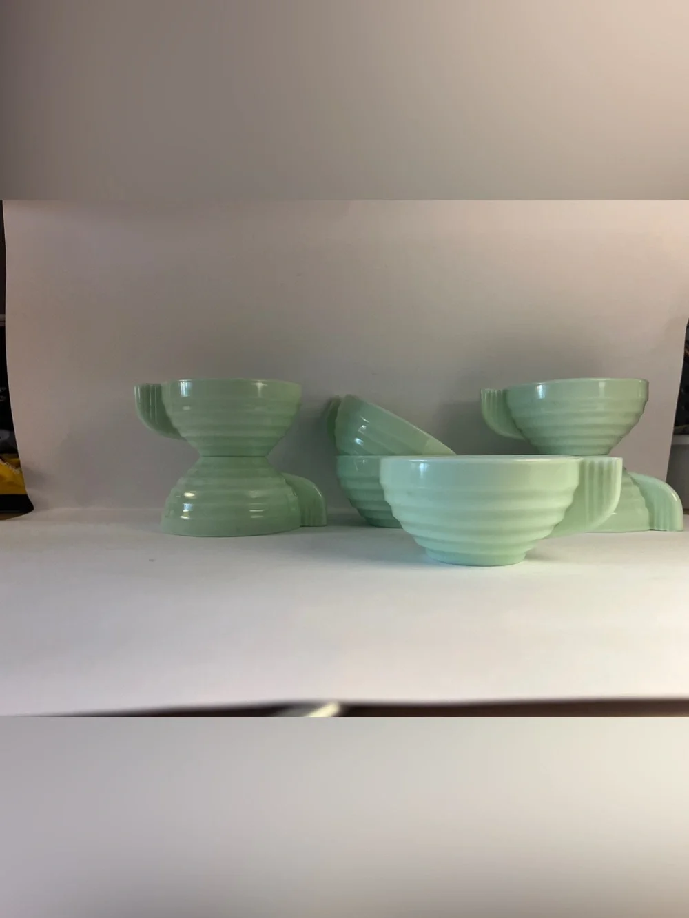 Vintage Jadeite Cup Set 7 Art Deco Style Ribbed Milk Glass Coffee Cups - FRANCE